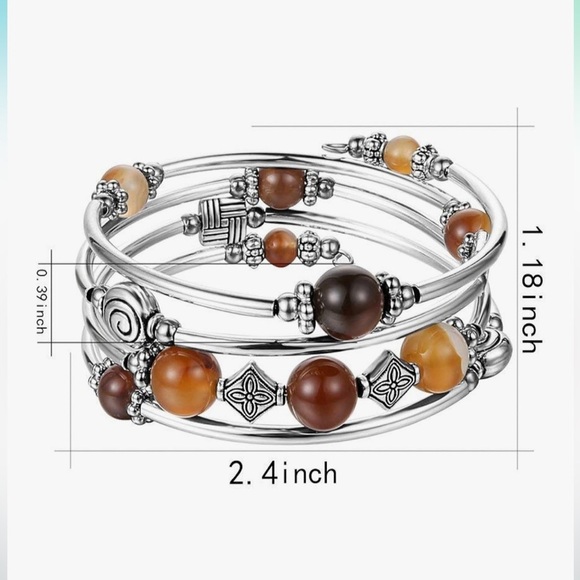 Pearl & Club Agate, Brown Moonstone and Agate Silver Beaded Wrap Bracelet - Picture 4 of 6
